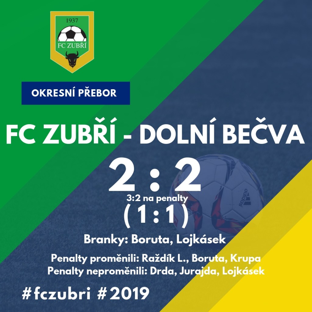 Okresní přebor: FC Zubří – Dolní Bečva – 2:2 (1:1), 3:2 po&nbsp;penaltách
