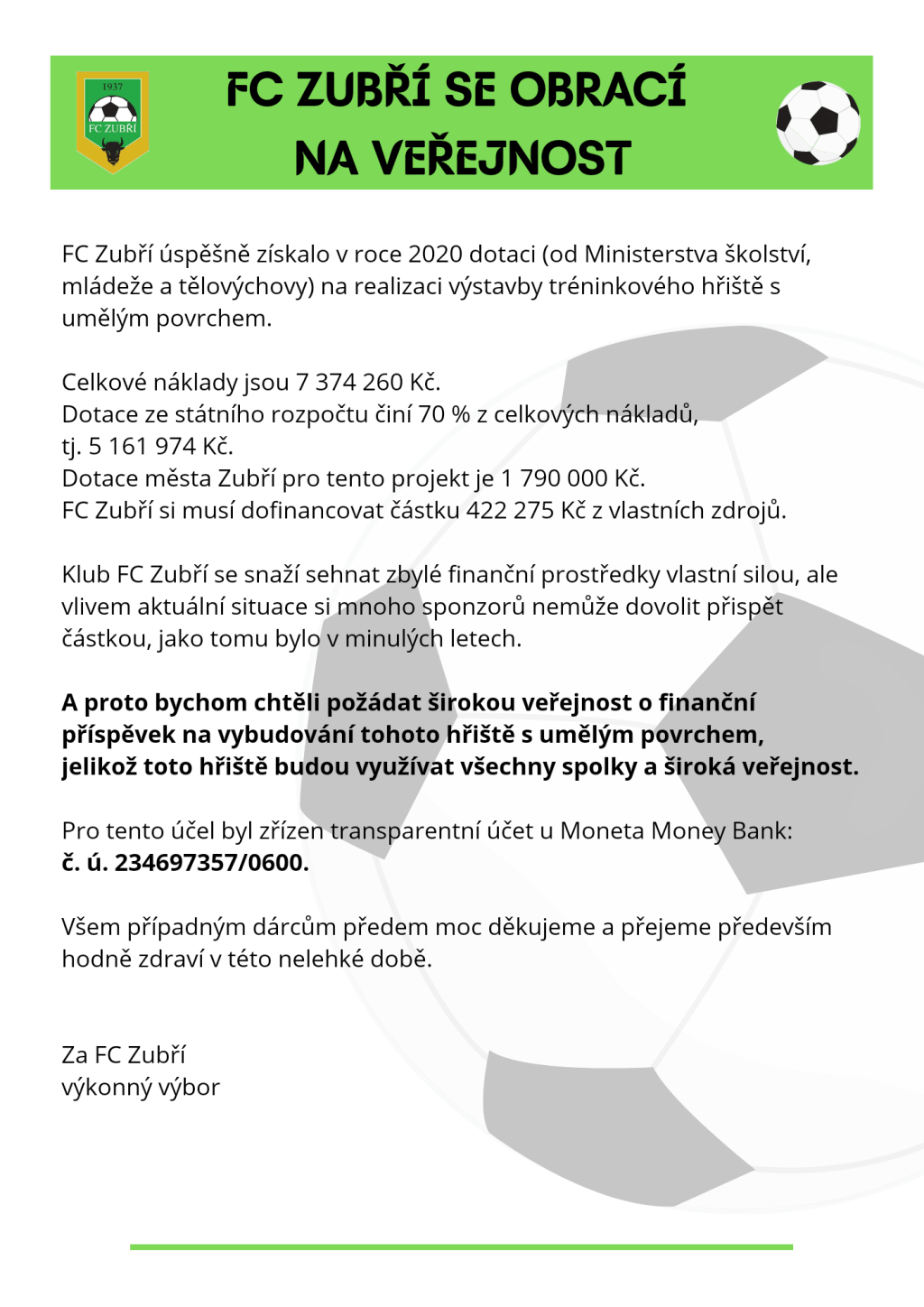 FC Zubří se obrací na&nbsp;veřejnost
