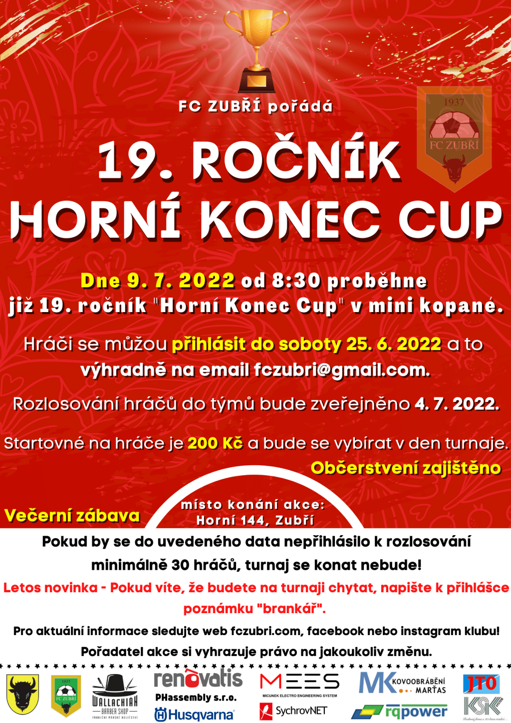 Již zítra! 19. ročník oblíbeného turnaje je tady. INFORMACE PRO HRÁČE A&nbsp;DIVÁKY