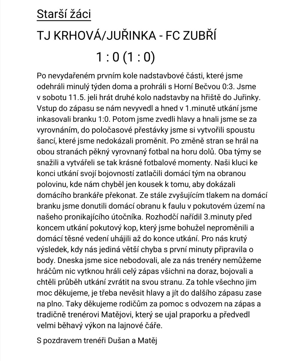 Starší žáci v Krhové prohráli nejtěsnějším možným&nbsp;rozdílem