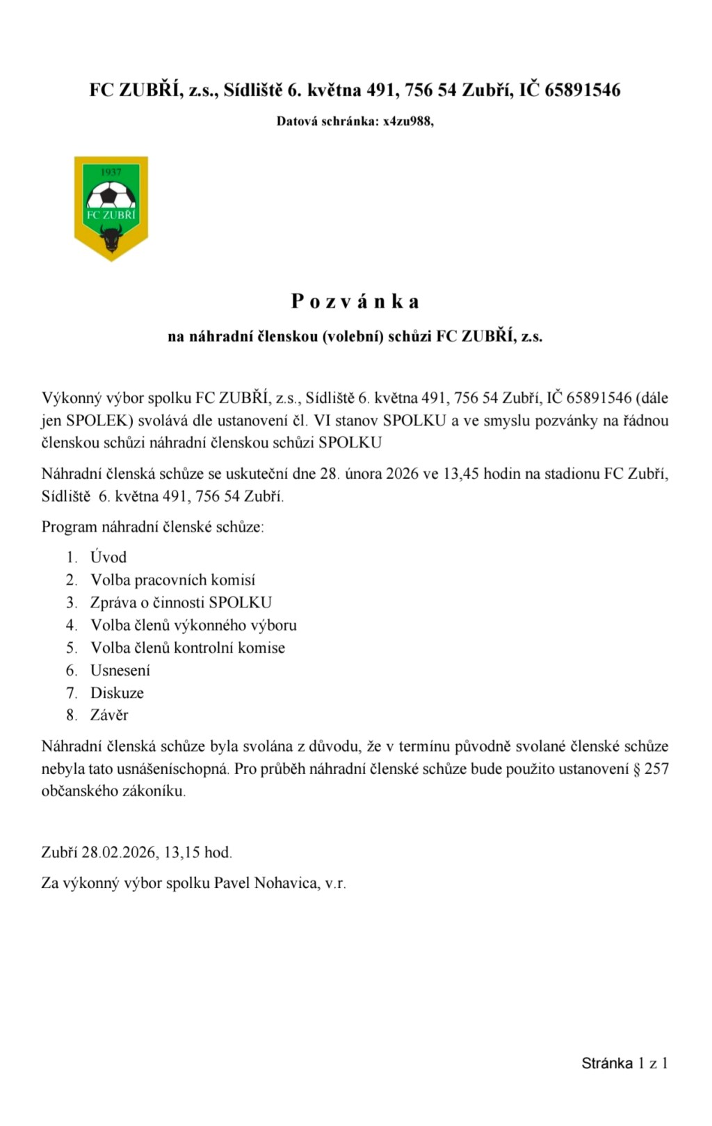 Pozvánka na náhradní členskou (volební) schůzi FC ZUBŘÍ,&nbsp;z.s.
